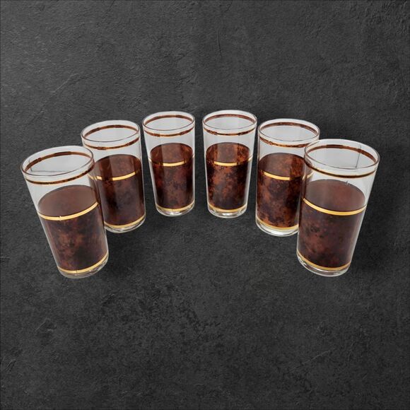 6 Vintage Culver Highball Glasses Tortoiseshell Brazilian Brown 22K Gold Barware - Picture 2 of 10